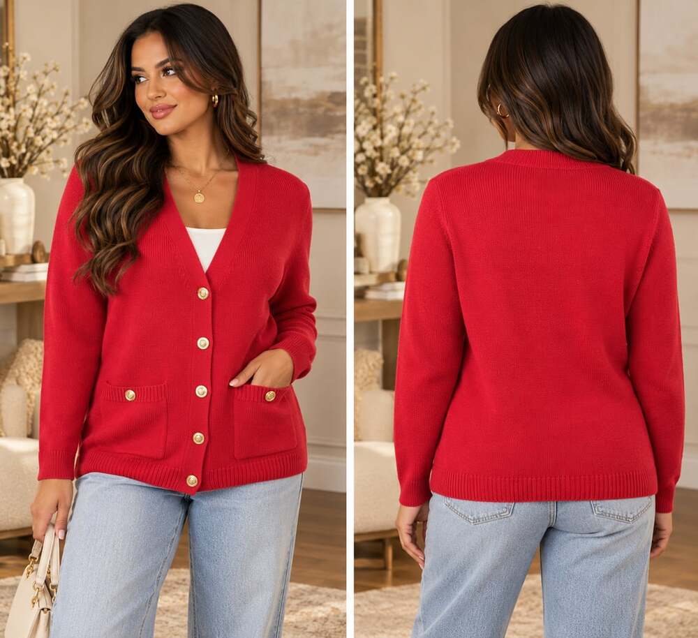 Preppy Heritage Red Gold Button Cardigan Karen Scott Pocket Sweater